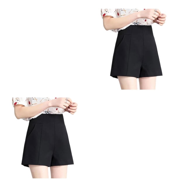 Qarigey Primavera Verano cintura alta elegante Color sólido A-line pantalones cortos sueltos cómodo traje elástico conveniente bolsillos Negro SG 2piezas