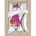 thumbnail image 1 of Fish Twin Size Duvet Cover Set, Cartoon Style Smiling Female Goldfish with Plump Lips Underwater Comic, Decorative 2 Piece Bedding Set with 1 Pillow Sham, Hot Pink Fuchsia Purple, by Ambesonne, 1 of 3
