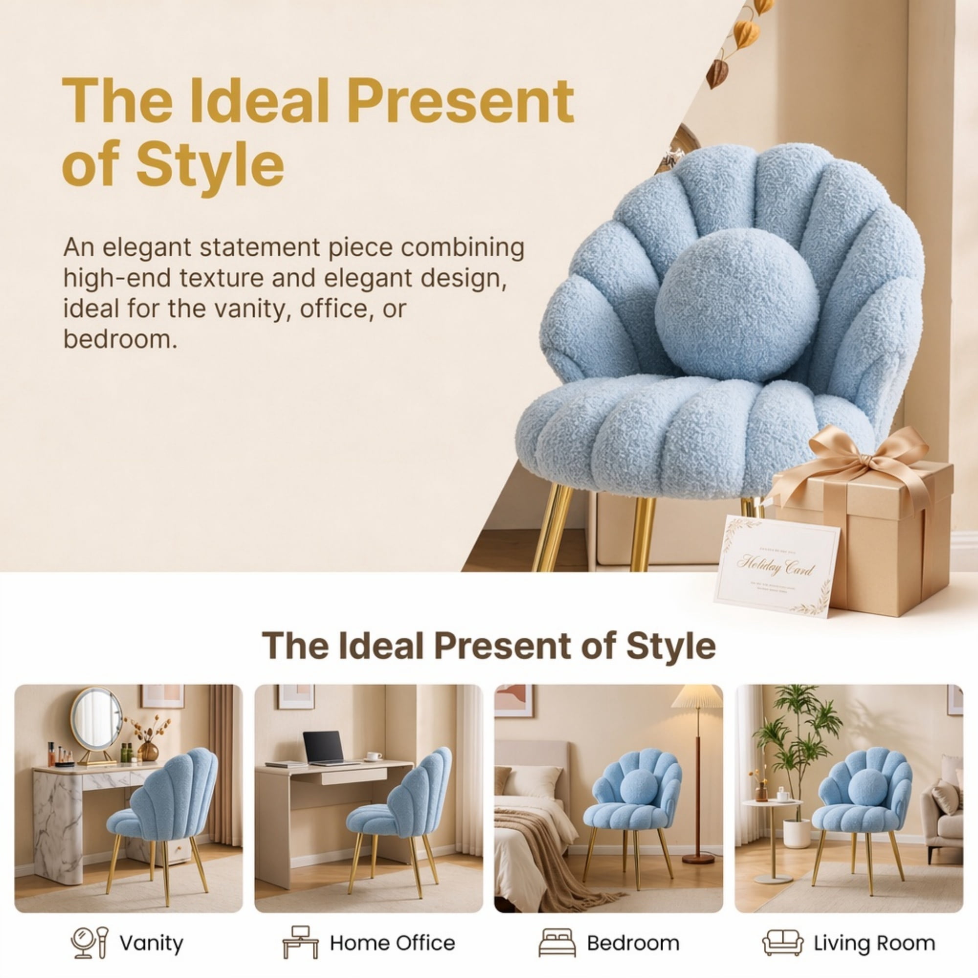 Ktaxon Vanity Makeup Chair with Teddy Velvet, Shell Design Accent Desk Chair with Lumbar Pillow and Gold Legs, Office Seating for Women Blue