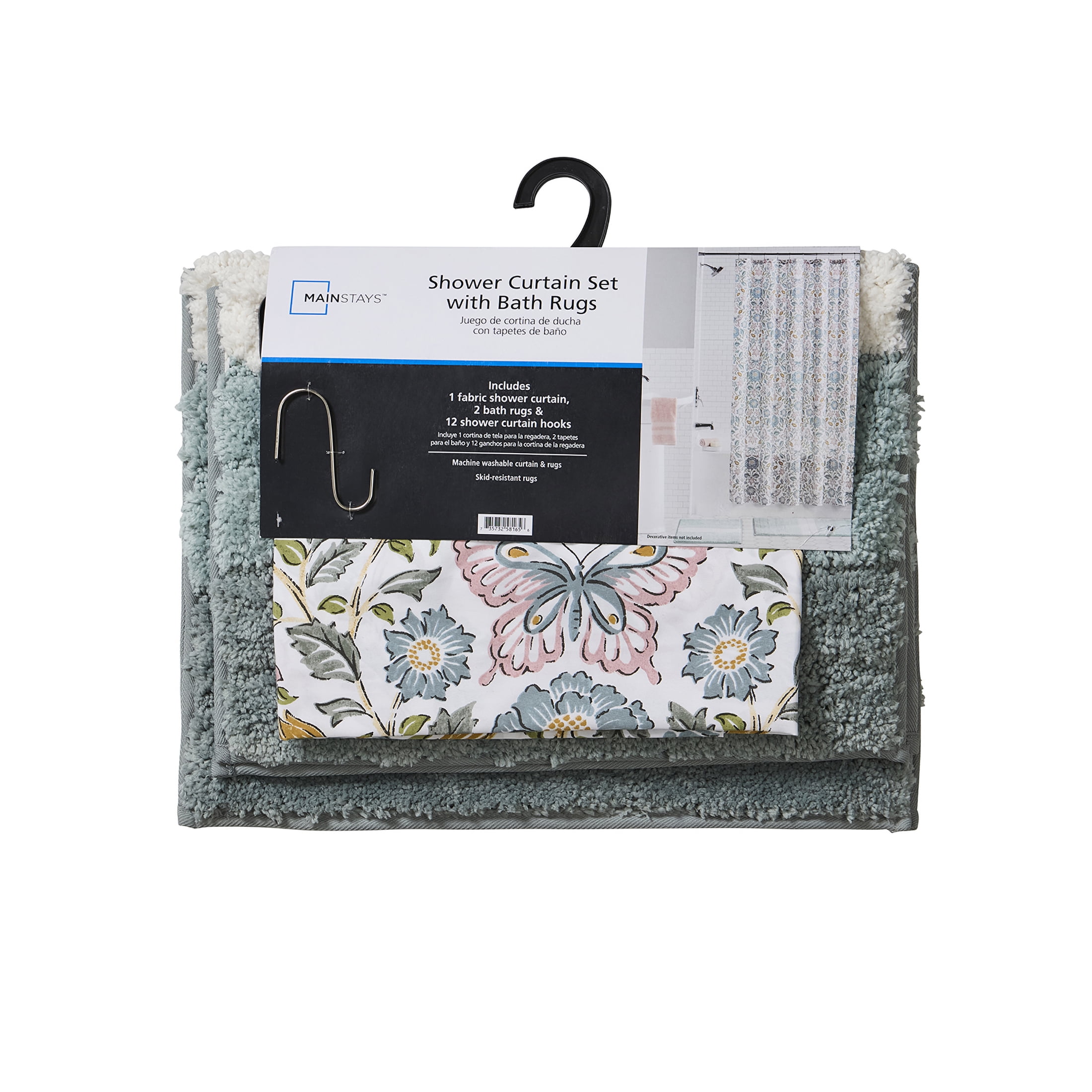 Mainstays 15-Piece Blue & Pink Butterfly Bathroom Set – Floral Shower Curtain, Bath Rugs & Hooks, Washable Polyester
