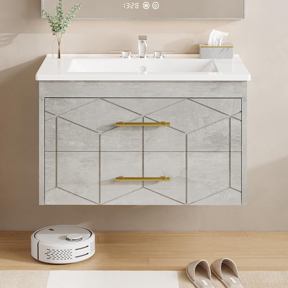 Floating Bathroom Vanity with Sink 30 inch, Modern Bathroom Sink Cabinet, Ceramic Vanity Top, 2 Large Storage Drawers with Gold Metal Handle, Easy to Assembly