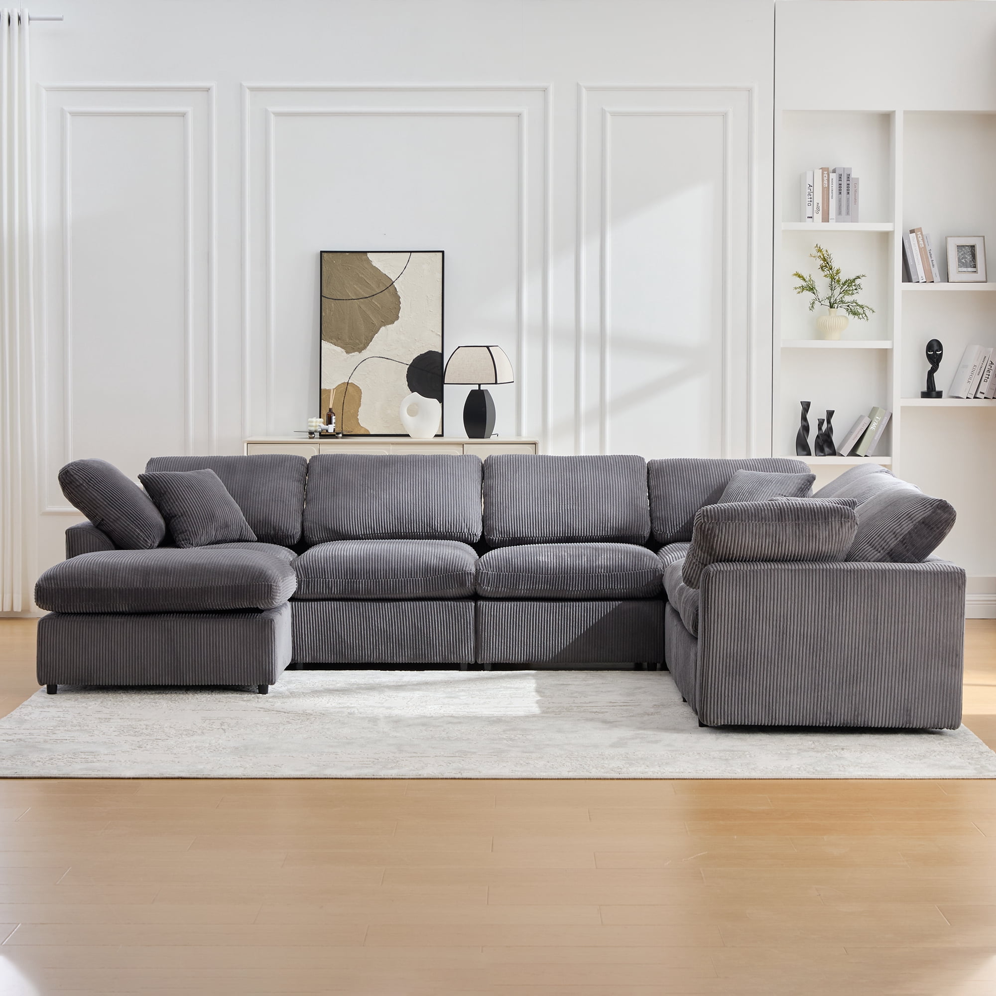 BINBANK Oversized 7-Seater Modular Sectional Sofa with Solid Wood Frame, Corduroy L-Shaped Sectional Couch with Movable Ottoman  Gray