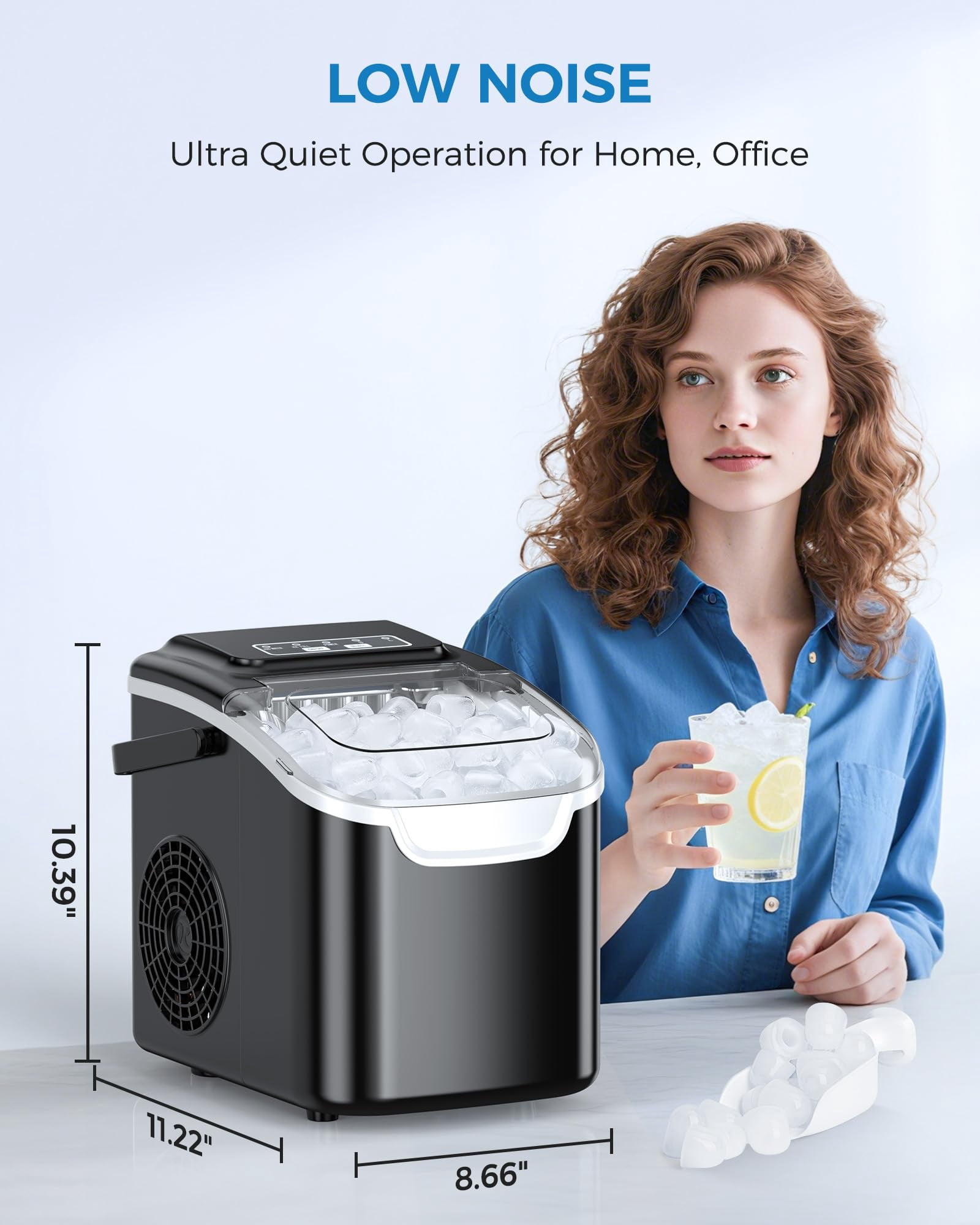 Auseo Countertop Ice Maker Machine 26 lbs/24H, 2 Sizes of Bullet Ice, 9 Bullet-Shaped Ice in 6 Min, Auto-Cleaning, Black