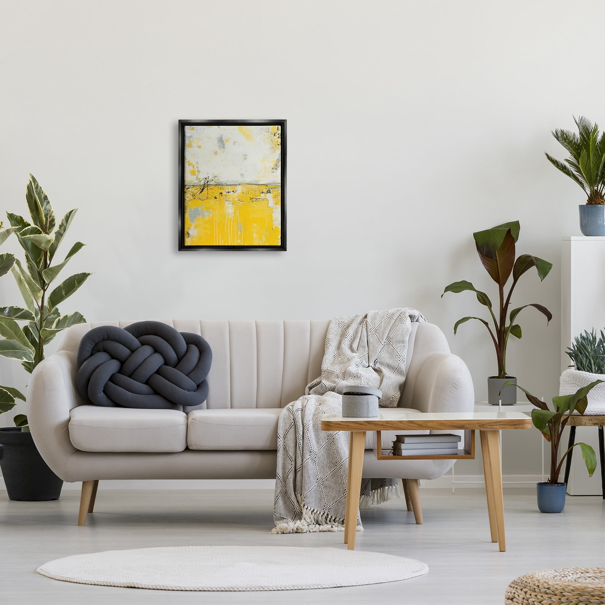 Stupell Industries Yellow Weathered Street Style Modern Scribble Stencil Painting Jet Black Floating Framed Canvas Print Wall Art, Design by Erin Ashley