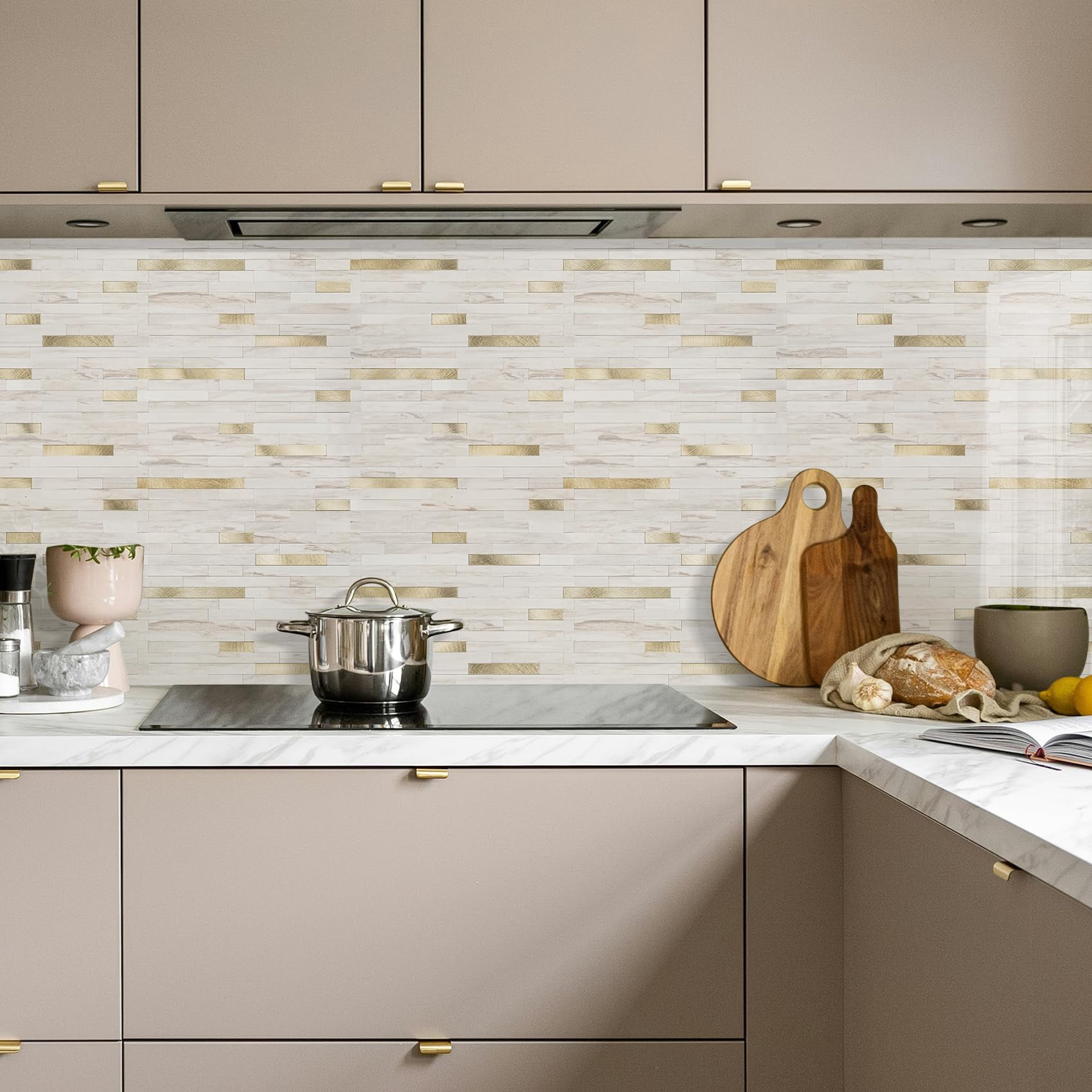 2 Sheets Peel And Stick Backsplash Tile  On For Kitchen Bathroom Glossy Eurasian Wood Grain Pvc Mixed Metal Self Adhesive Wall Tiles