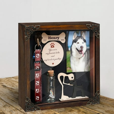 Husky Dog Memorial Shadow Box with Collar Holder Pet Loss Keepsake with Fur Jar Favorite Hello Dog Sympathy Gift and Picture Frame