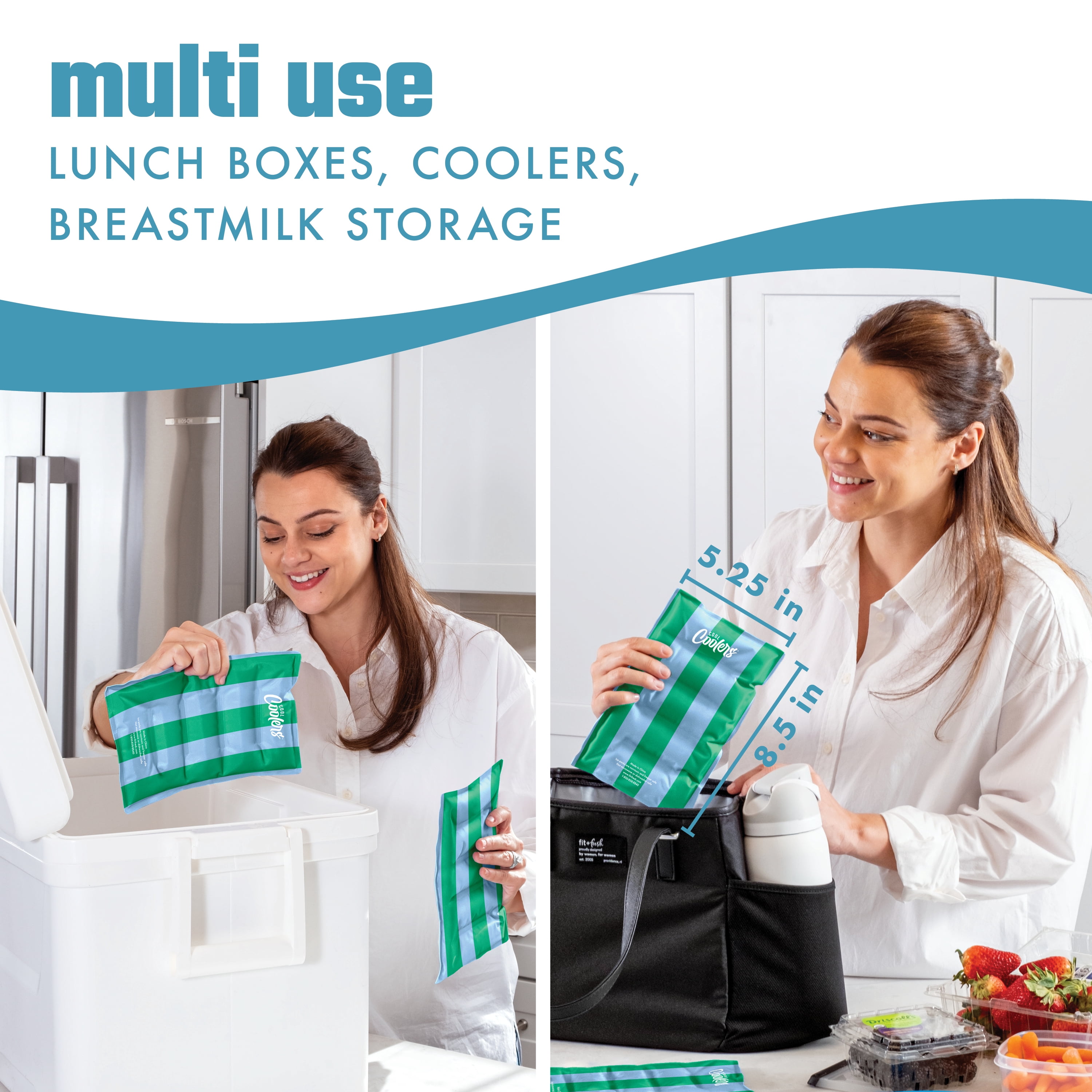 Cool Coolers by Fit + Fresh XL Soft Ice Packs for Lunch Bags & Coolers, Coastal Cabana Stripe, 2pk