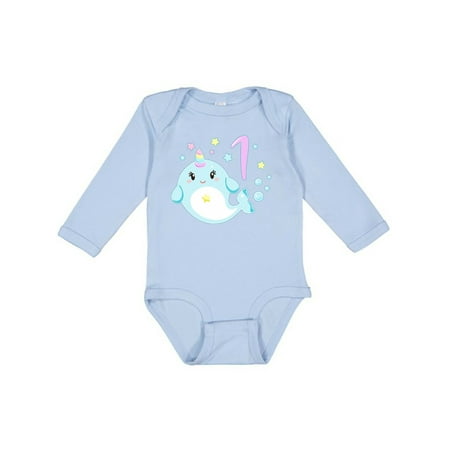 

Inktastic Happy 1st Birthday with Cute Narwhal Stars and Bubbles Gift Baby Boy or Baby Girl Long Sleeve Bodysuit