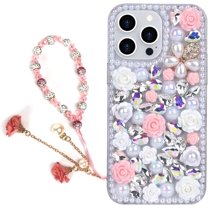 Compatible with iPhone 15 Pro Max Bling Case with Strap, Luxury Glitter Rhinestone Diamond Crystal Sparkle Rose Flower Pearl Floral Bracelets Soft Bumper Case Cover for Women Girls White Pink