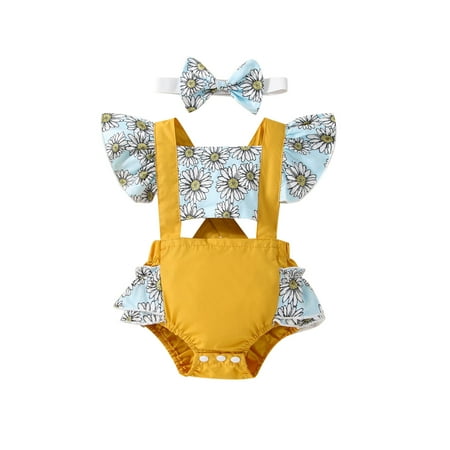

Canrulo Newborn Baby Girls Casul Romper Fly Sleeve Floral Print Ruffle Bodysuit Patchwork Sunsuit with Headband Set Yellow 6-9 Months