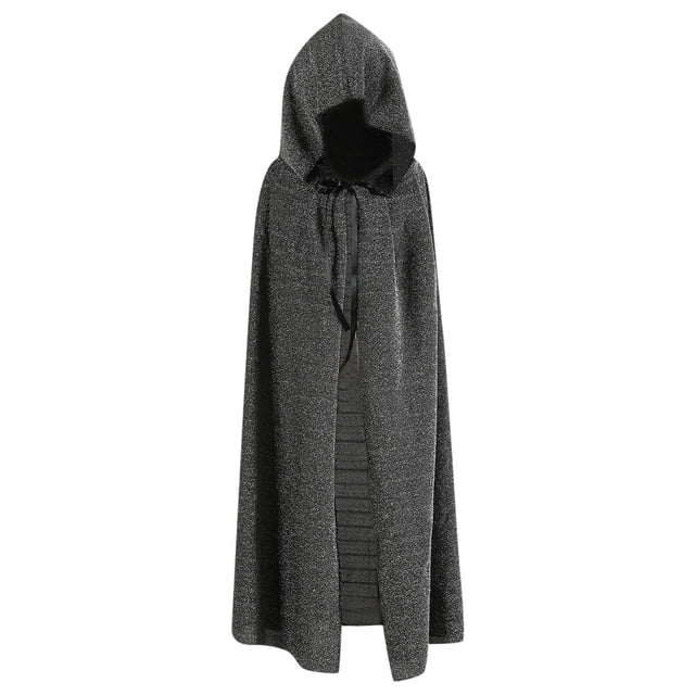 Kids Halloween Hooded Robe Cloak Cape Magical Party Dress Up Outfit in grey, featuring a solid pattern and a hooded design. The robe is crafted from soft fabric for comfort and includes an adjustable front tie closure for a customizable fit. Suitable for boys and girls, this versatile unisex cloak is ideal for Halloween, magical-themed parties, and festive events. The flowing design adds a dramatic touch, perfect for memorable photography moments. One size with a length of 75 cm (29.53 inches).