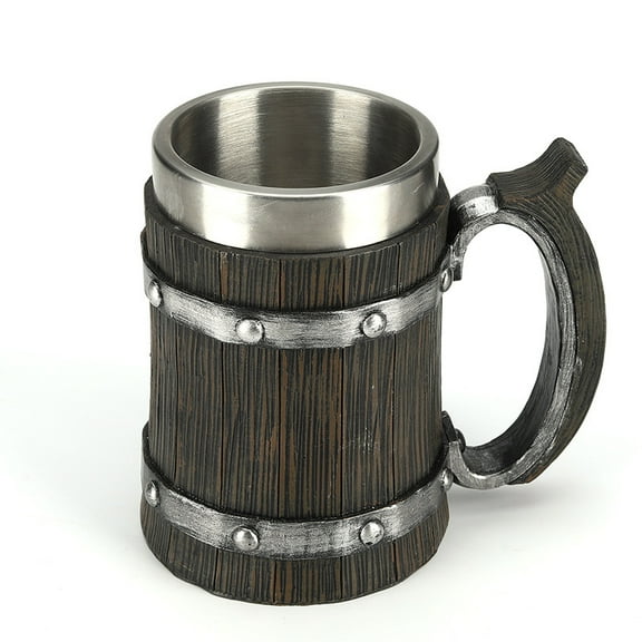 Medieval Viking Wood Beer-Tankard Mug - 21oz Norse Stainless Steel Cup Viking Gifts Coffee/Beer Mug for Men Nordic Decor