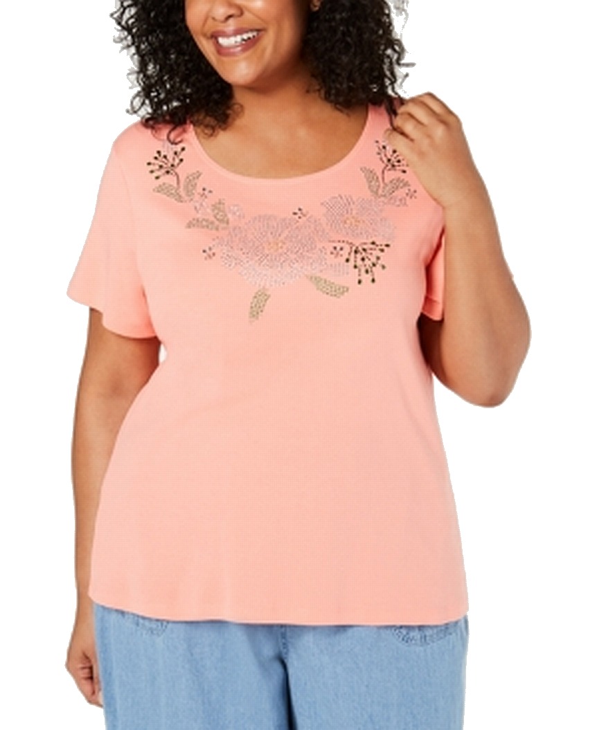 Karen Scott Womens Top Coral Plus Embellished TShirt 2X