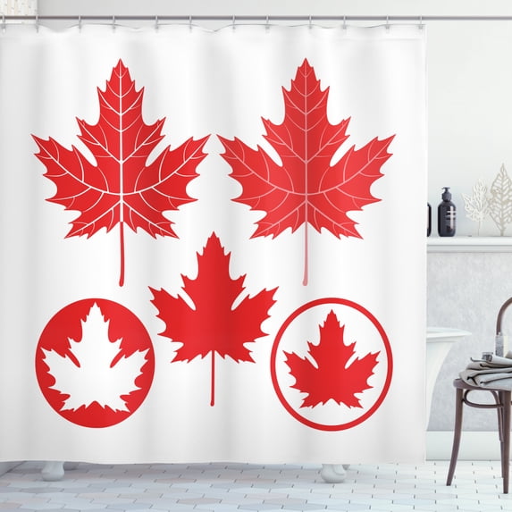 Leaves Shower Curtain, Monochrome Canadian Flag Motif with Different Design North American Foliage, Fabric Bathroom Set with Hooks, 69W X 70L Inches, Coral and White, by Ambesonne