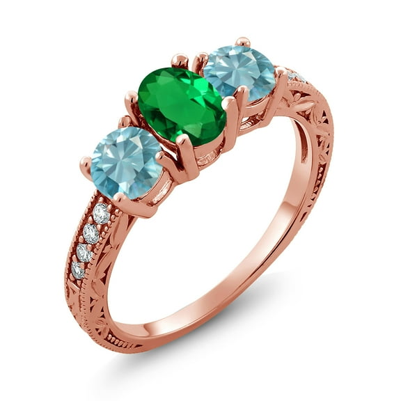 Gem Stone King 2.42 Ct Oval Green Nano Emerald Blue Zircon 18K Rose Gold Plated Silver Moissanite Ring (Size 5)