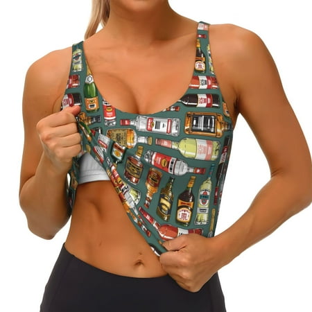 Qokaie Alcohol Bottles Pattern Womens Scoop Neck Sports Bra Breathable Workout Vest Padded U Back Medium Impact Fitness Gym Yoga Bra Workout Crop Top