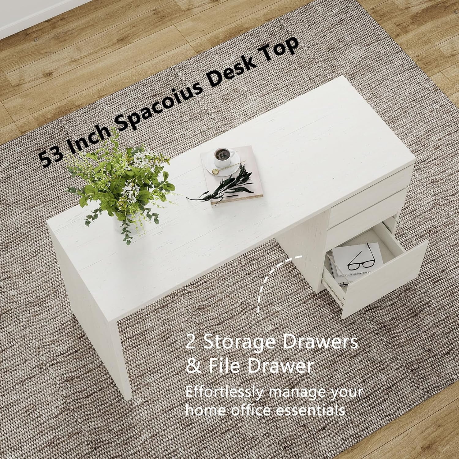 LAZZO 53" Computer Desk with 3 Drawers, Executive Writing Desk with File Storage Drawer for Home Office, White