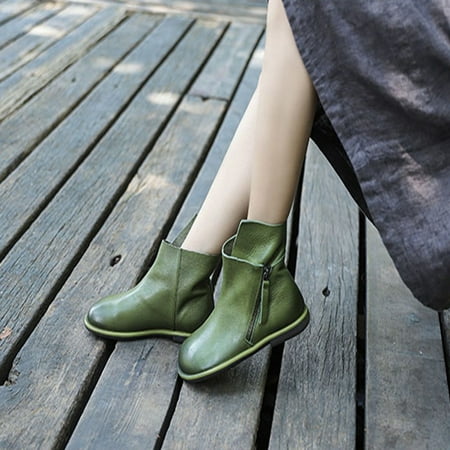 

FITORON Ankle Boots for Women- Leather Solid Sleeve Short Mid Heel Flat Low Side Zipper Retro Boots Green 42