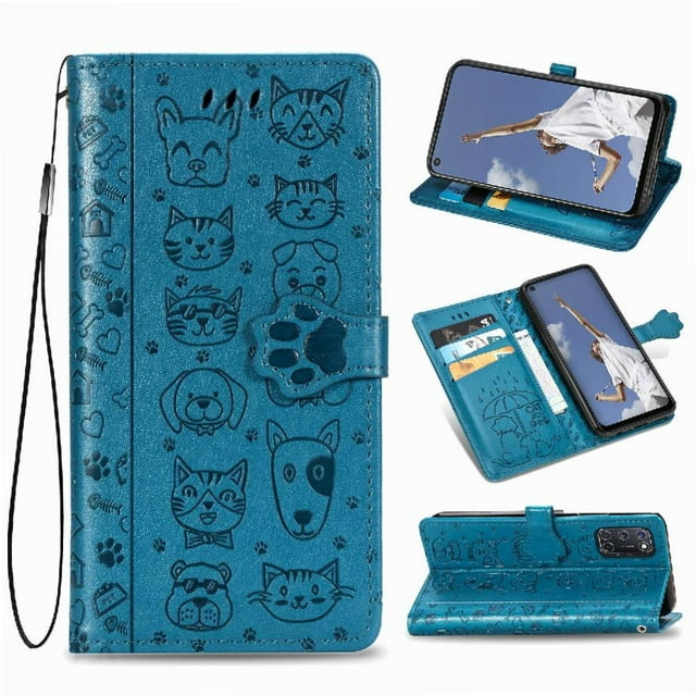Étui à Rabat pour FOXDOCK OPPO A52 / A72 / A92, Chat Chien en Relief PU Cuir avec Fentes pour Cartes, Support