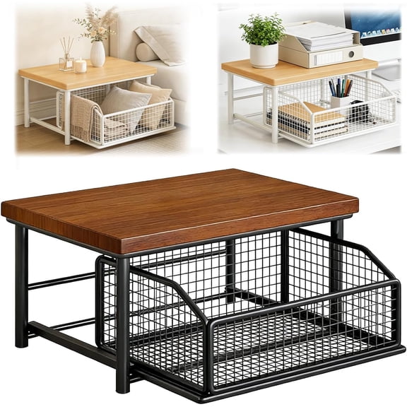 Kitchen Countertop Organizer with Drawer And Wire Basket, 2-Tier Hardwood Shelf for Microwave, Sturdy Hardwood Shelf, Space-Saving Storage Black