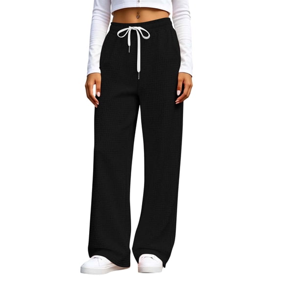 ZHYou No Boundarie Pants for Women Waffle Knit Drawstring High Waist Wide Leg Baggy Fit Casual Trousers with Pockets,Black,Size M
