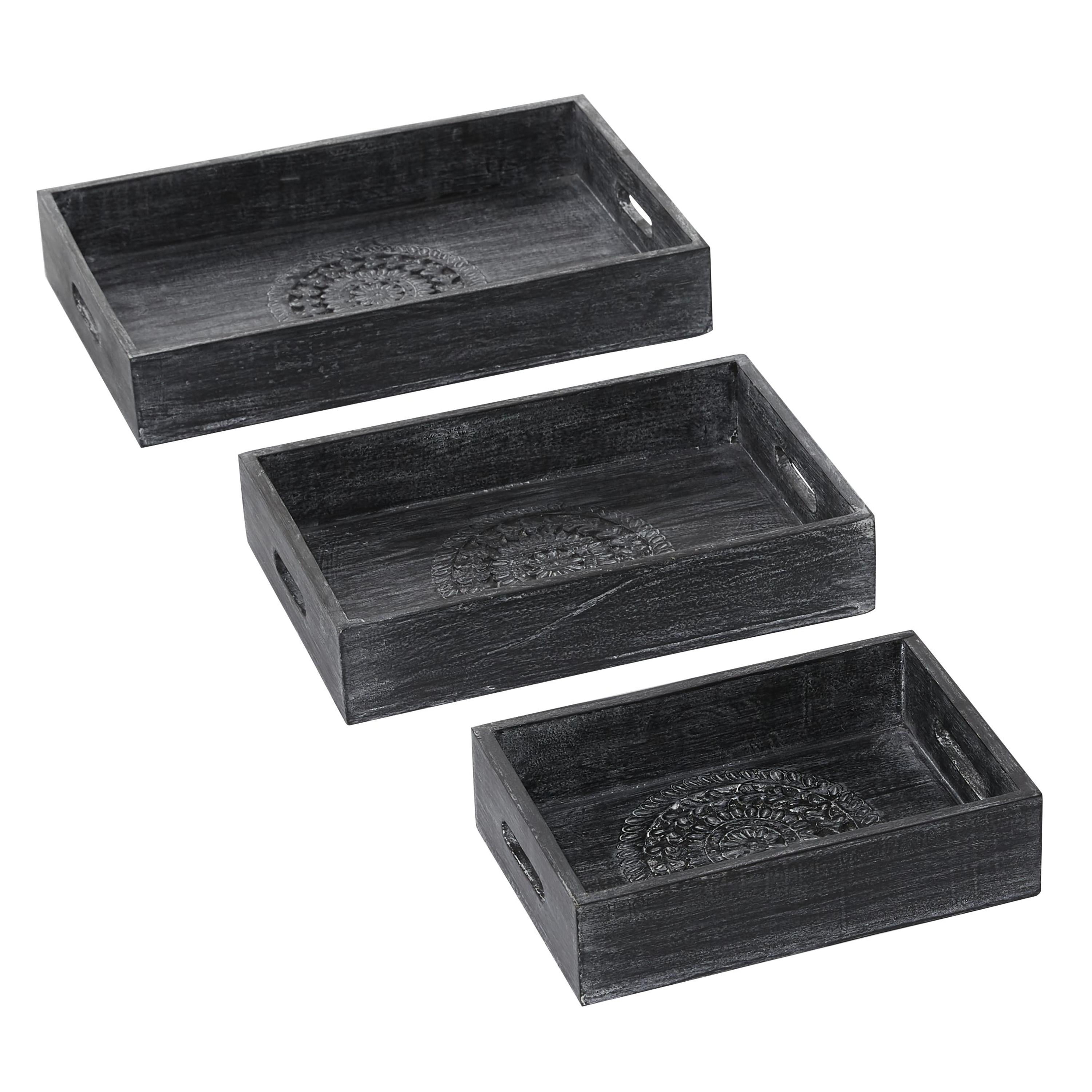 DecMode 12", 15", 18"W Black Wood Intricate Carved Floral Tray, 3-Pieces