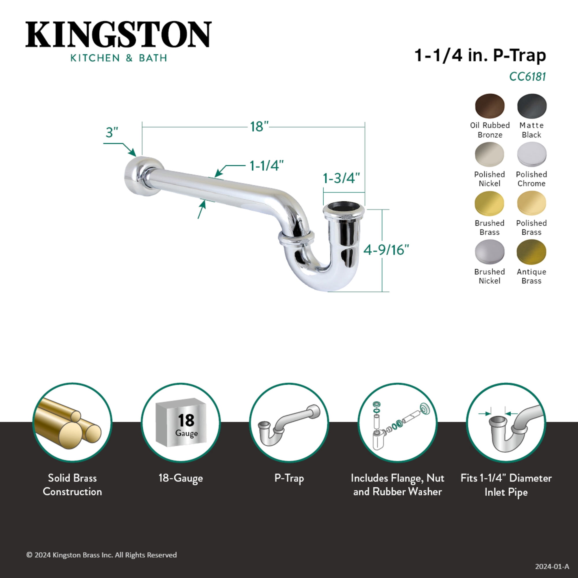 Kingston Brass CC6182 1-1/4" P-Trap with Box Flange, 18" Length, 18 Gauge, Polished Brass