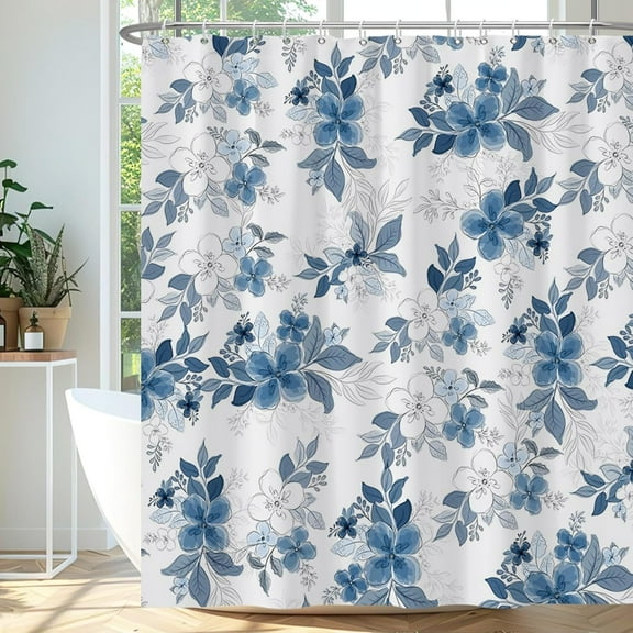 60x72 Inches Blue Floral Shower Curtain Watercolor Vintage Flowers Plants Leaves Branches Bath Curtain Modern Minimalism Fabric Shower Curtains for Bathroom Decor Waterproof with Hooks