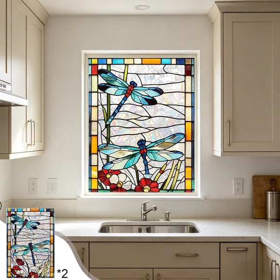 Sulaicai Dragonfly Stained Glass Window Film, Static Cling Decorative Privacy Film for Bathroom Bedroom (Multicolor)