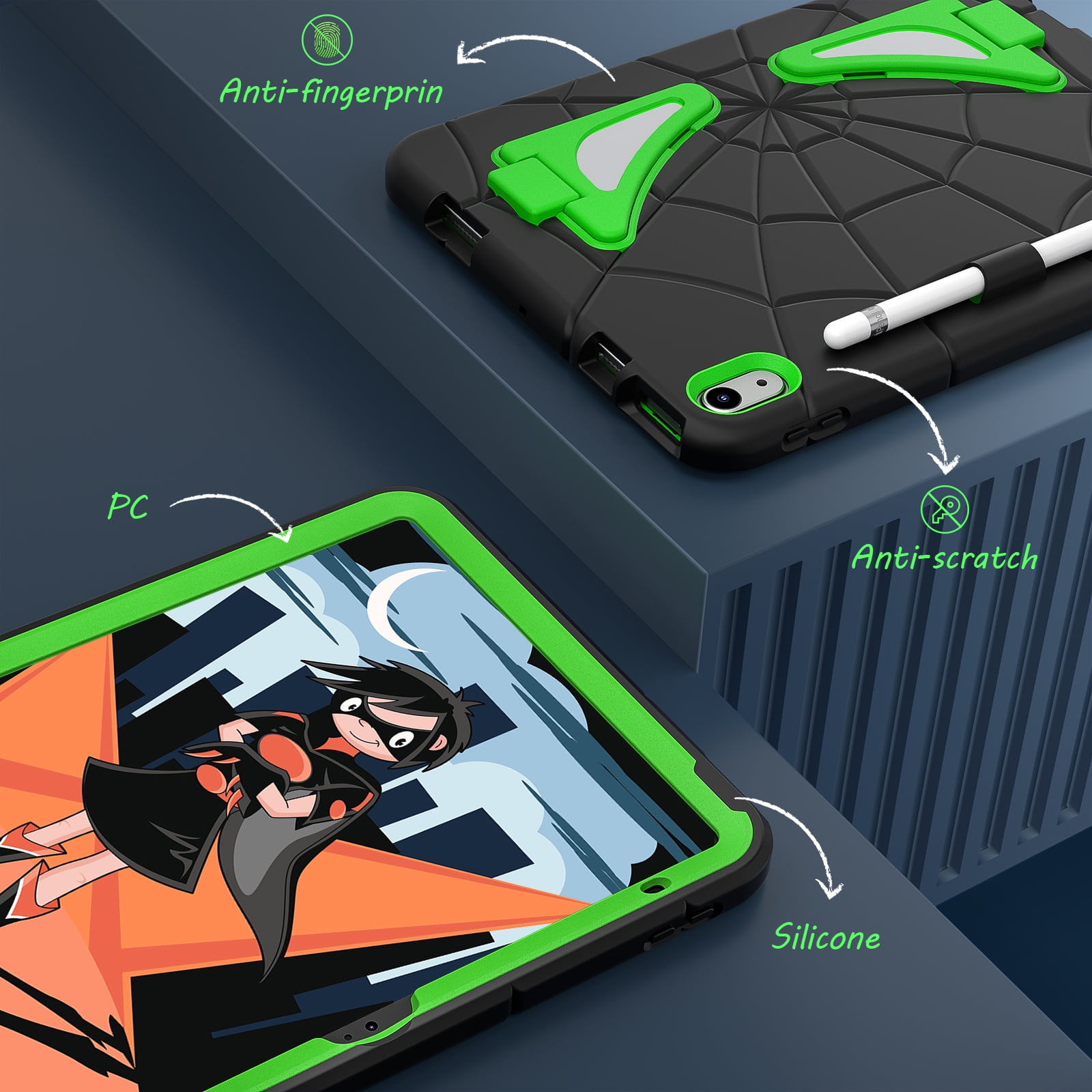 ELEHOLD Case For Apple iPad 11th(A16) 2025, Heavy Duty Shockproof Pencil Holder Foldable Kickstand Rugged Protective Cover Boys Children For iPad 11th 2025, Black+Green