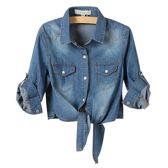 Scyoekwg Clearance Trendy Long Sleeve Tops for Women Women's Casual Jean Top Knot Tie Denim Shirt Jacket 3/4 Sleeve Button Down Crop Blue M