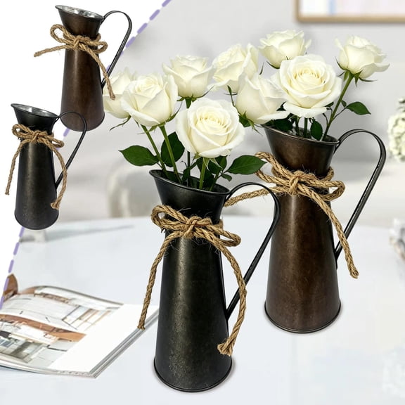 Galvanized Metal Pitcher Vase, Vintage Watering Can Flower Holder, Shabby Iron Decor for Table Mantel, Farmhouse Christmas Centerpiece, Topliu