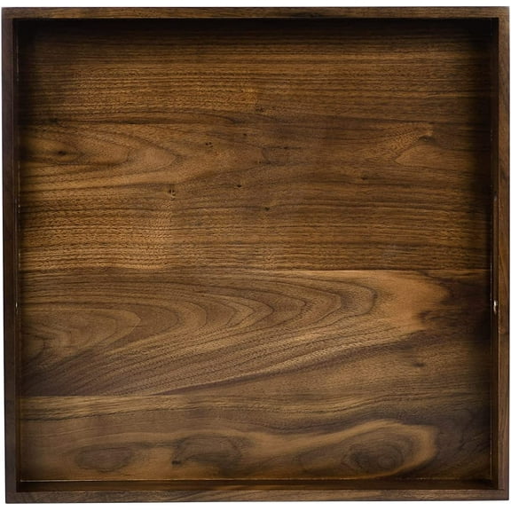 16 x 16 inches Large Square Ottoman Tray Solid Black Walnut Table Platter Decorative Wooden Serving Tray with Handle for Oversized Ottoman Home Breakfast in Bed Tea Coffee
