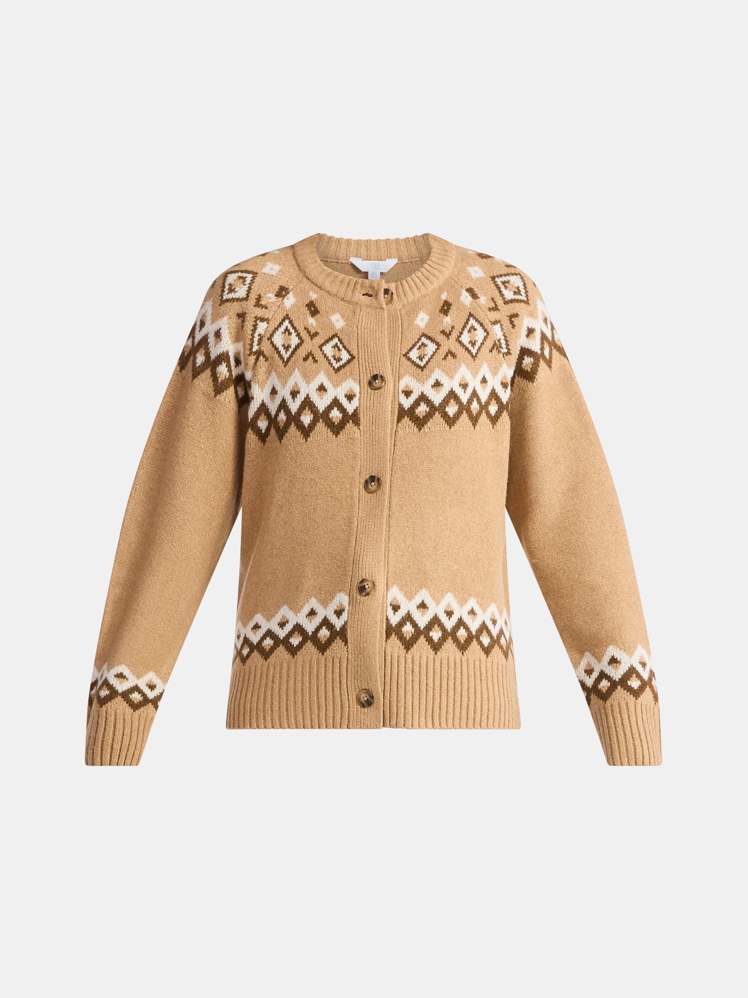 Time and Tru Women's Fair Isle Cardigan Sweater, Midweight, Size XS-XXXL