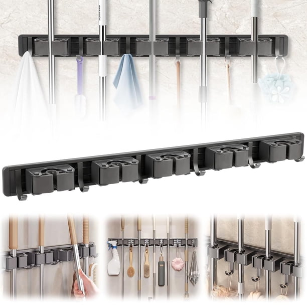 Organizador de Escobas, Porta Escobas y Trapeadores Pared, Organizador de Pared con 6 Ganchos y 5 Estantes, Colgador de Escobas y Trapeadores para Garaje, Cocina, Baño, Jardín