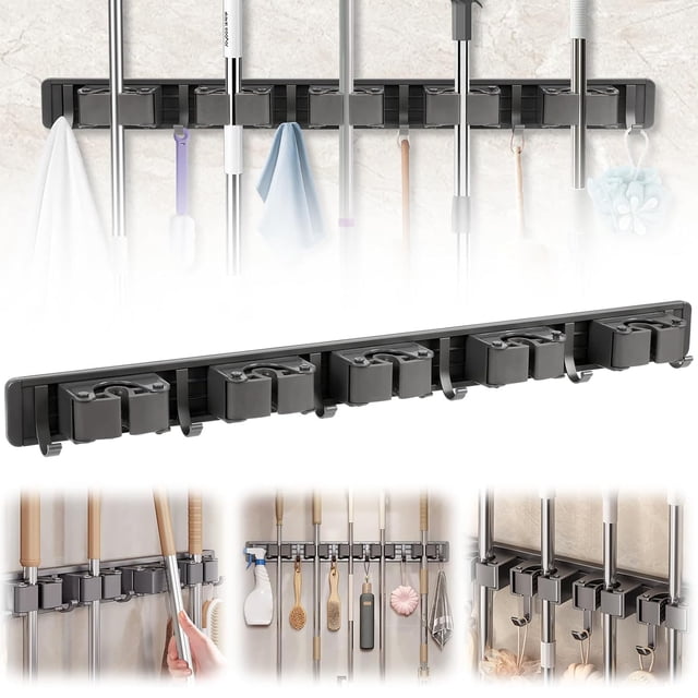 Organizador de Escobas, Porta Escobas y Trapeadores Pared, Organizador de Pared con 6 Ganchos y 5 Estantes, Colgador de Escobas y Trapeadores para Garaje, Cocina, Baño, Jardín