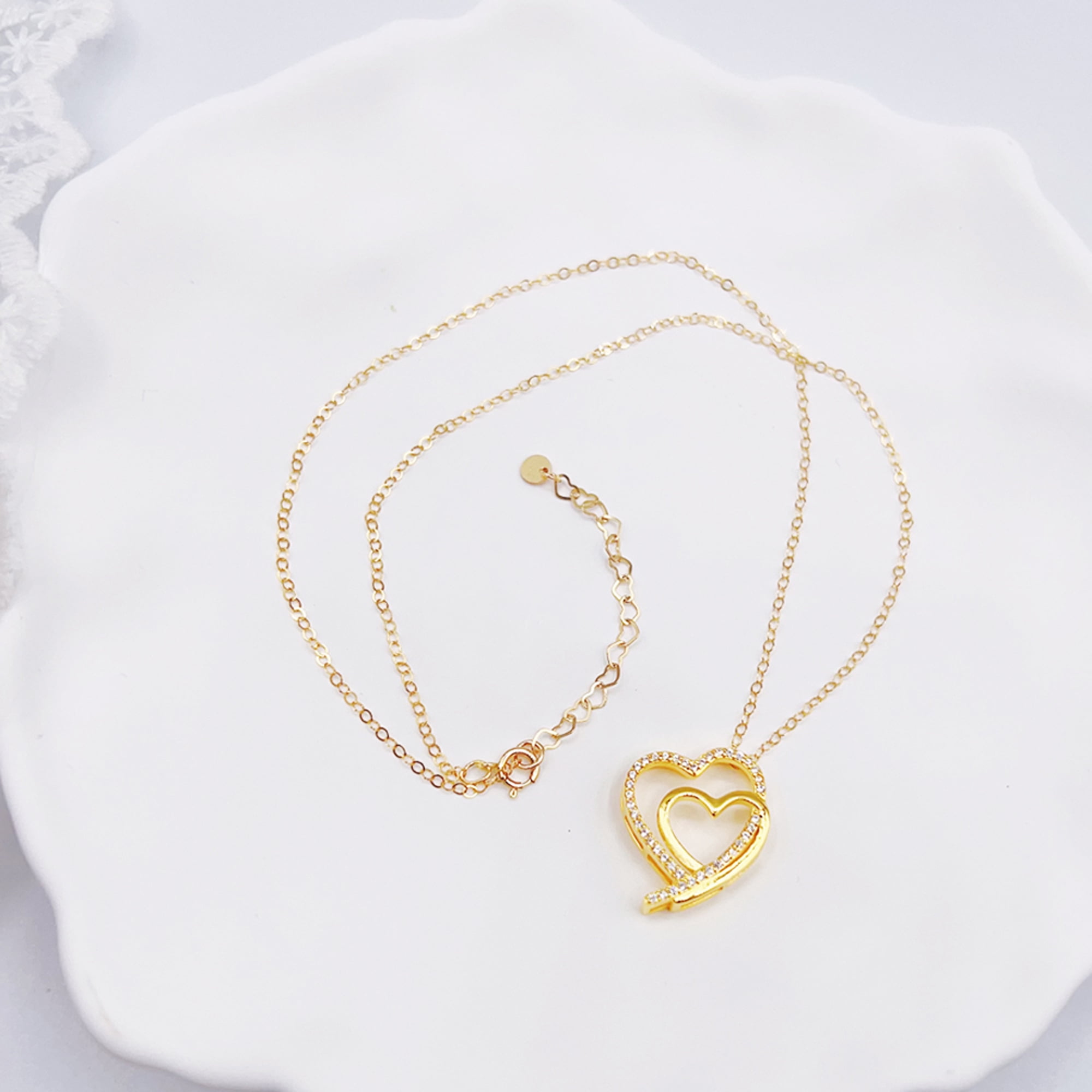 Piswency 14K Real Gold Filled Heart Necklace for Women CZ Love Double Heart Pendant Necklace with Adjustable Heart Chain for Valentine’s Day, Mother’s Day, Birthday, Handmade Jewelry, Gift for Her