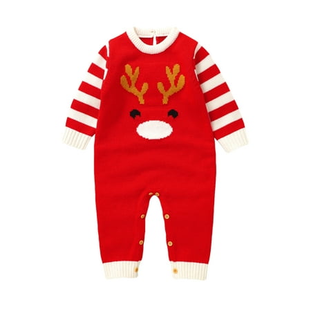 

Woshilaocai Baby Christmas Knit Romper Elk Pattern Long Sleeves Jumpsuit