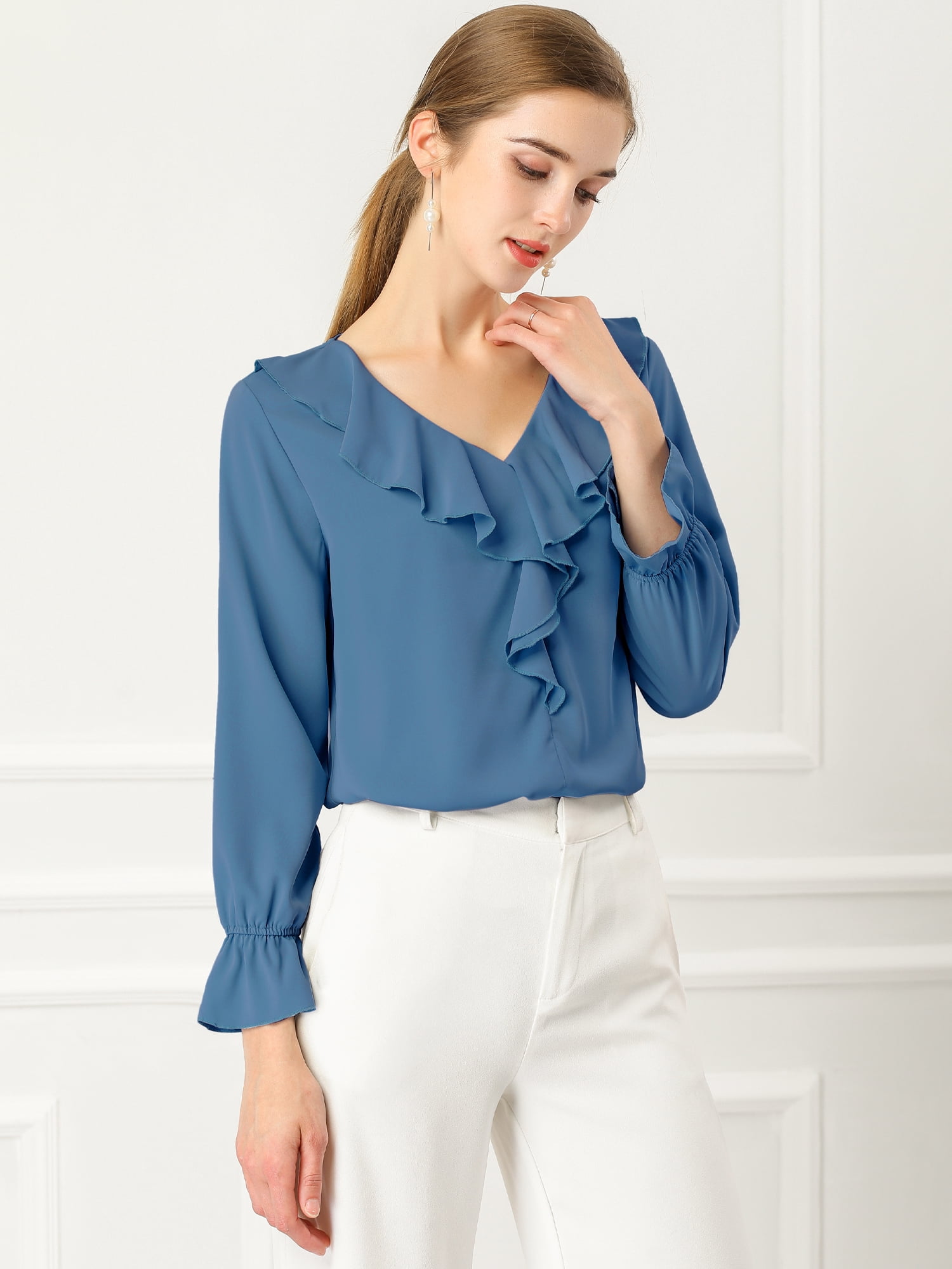 DARING DIVA Women's Ruffle V Neck Chiffon Peasant Blouse 3XL Dusty Blue