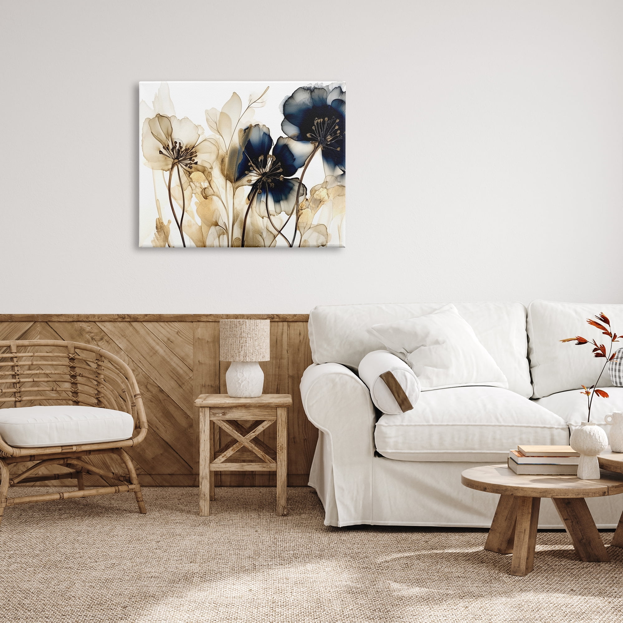 Stupell Industries Navy & Gold Flowers Botanical & Floral Painting Gallery Wrapped Canvas Print Wall Art, 40 x 30