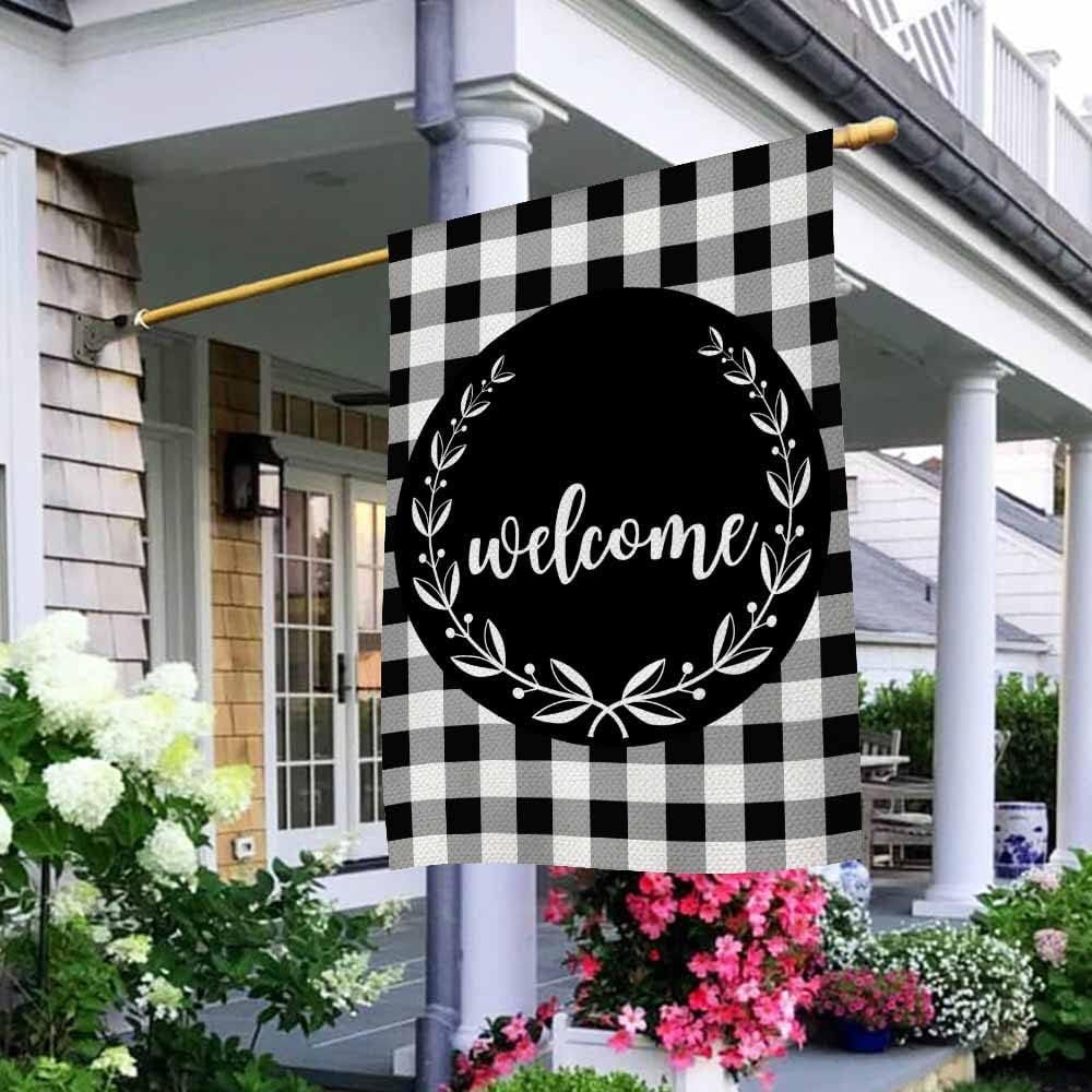 Welcome Laurel Wreath House Flag 28 x 40 Inch Large Vertical Double Sided Black White Buffalo Check Plaid Seasonal Outside Décor for Garden Yard Farmhouse Flags