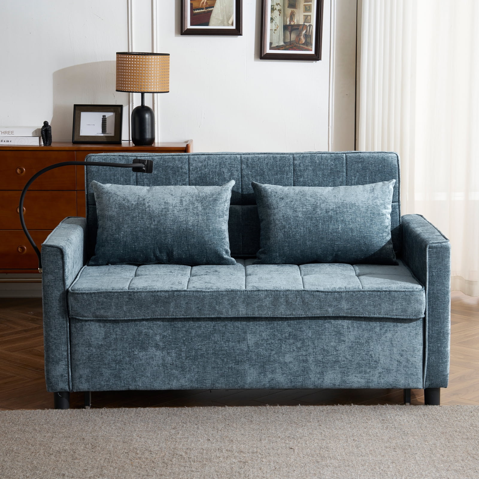 Harper & Bright Designs Loveseat with Pull Out Bed, Convertible Tufted Sleeper Sofa Bed with Adjustable Backrest, Chenille Pull-Out Bed with USB Charging Ports for Apartments Small Spaces, Blue