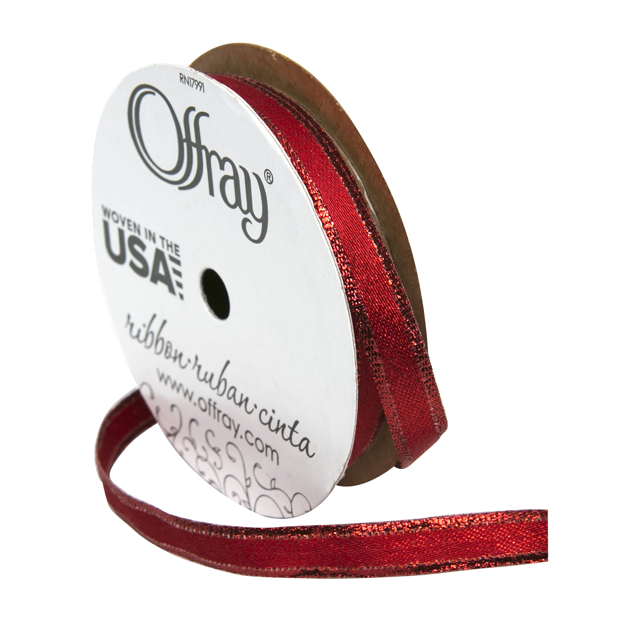 (3 pack) Offray Ribbon, Red 3/8 inch Metallic Ribbon for Wedding, Crafts, and Gifting, 9 feet, 1 Each