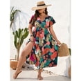 thumbnail image 4 of OYOANGLE Women's Plus Size Floral Print Wrap V Neck Dress Ruffled Short Sleeve Side Slit Flare Maxi Dresses Multicolor 1XL, 4 of 6