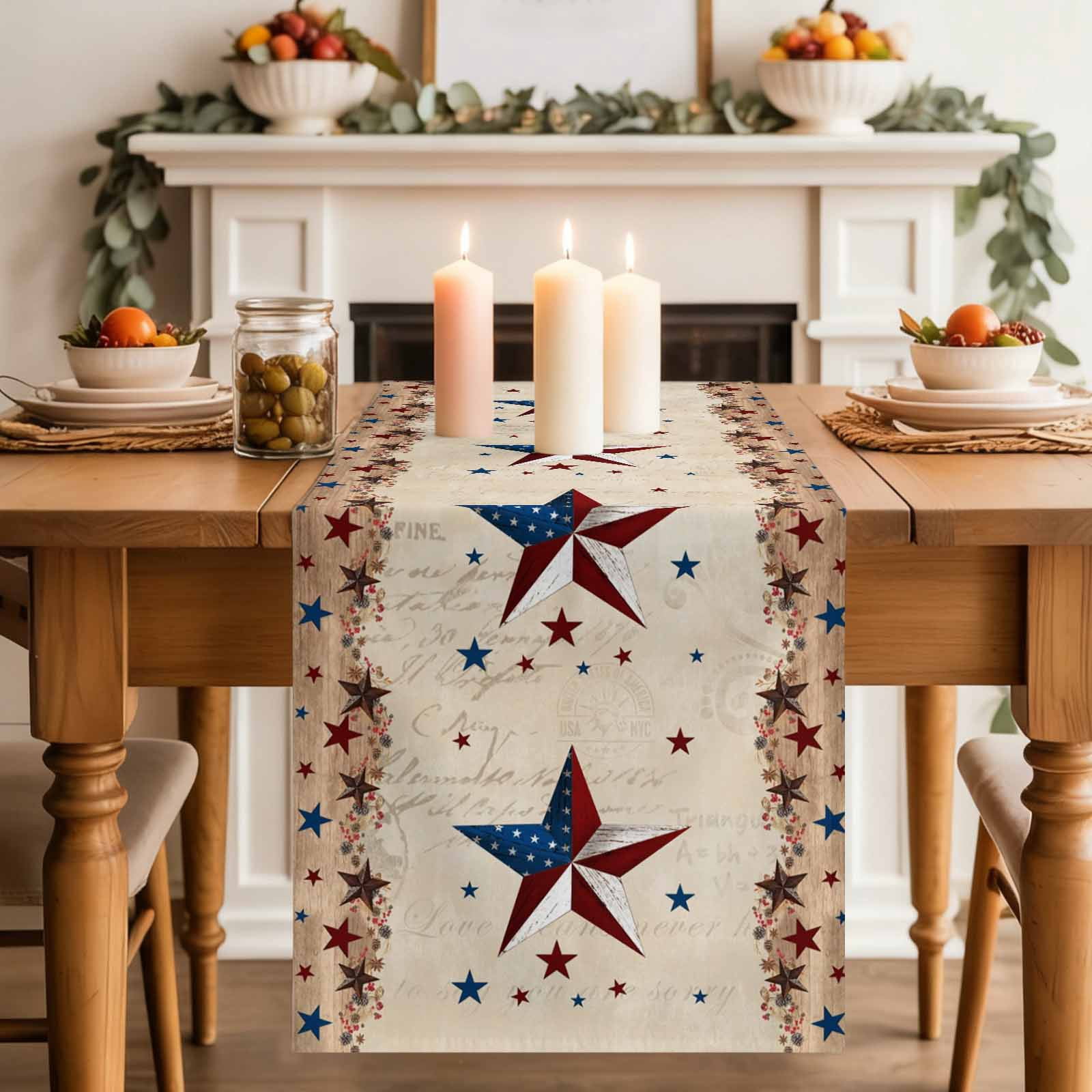 Independence Day Table Runner, Vintage U.S. Flag Country Stars Retro Letter Cotton Linen Kitchen Table Decoration Washable Dining Tabletop Runners for Home Party Decor 13x120 Inches