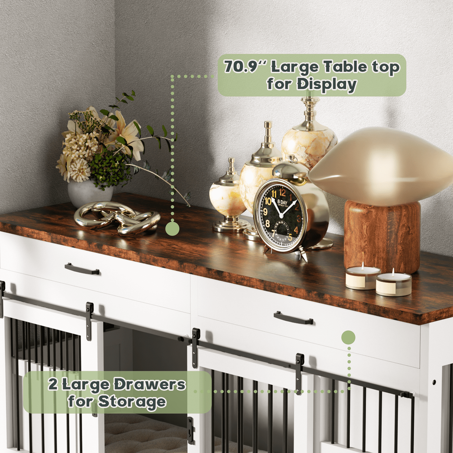 70.9'' Heavy-Duty Wooden Kennel Cage, Large Dog Crate Furniture with 2 Drawers and Divider, TV Stand End Table for 2 Large Dogs, White