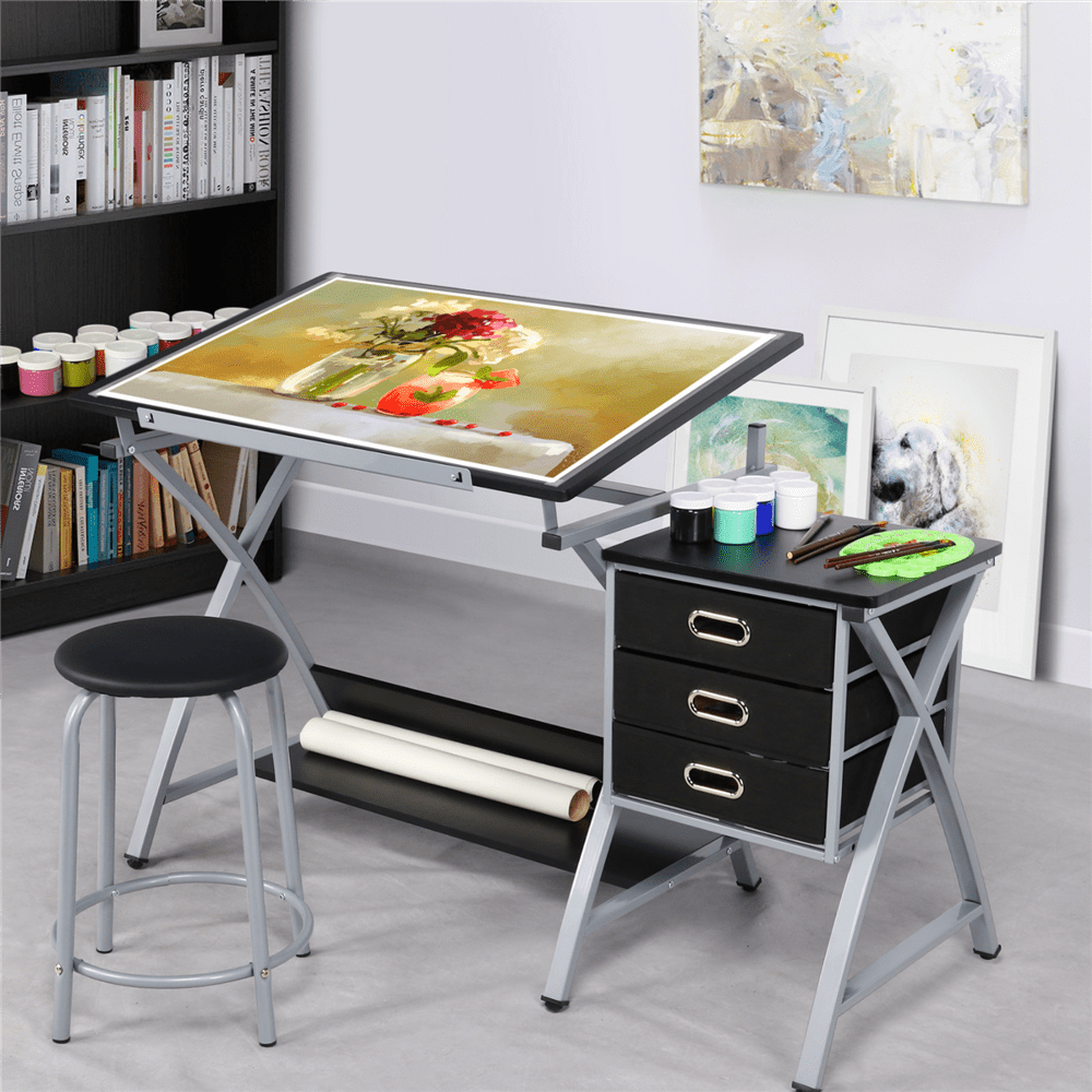 Easyfashion Folding and Adjustable Steel Drafting Table with Stool and Storage Drawers