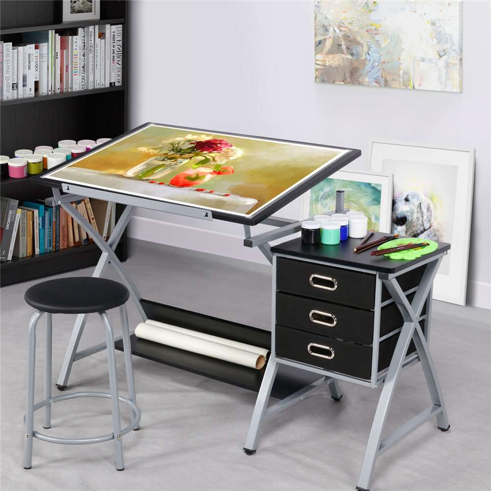 Easyfashion Folding and Adjustable Steel Drafting Table with Stool and Storage Drawers - image 2 of 8