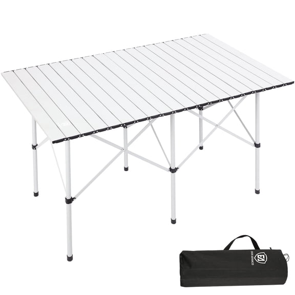EVER ADVANCED 45.9"L x 29.1"W Folding Camping Table with Aluminum Roll Top Reinforced Stable Leg, White