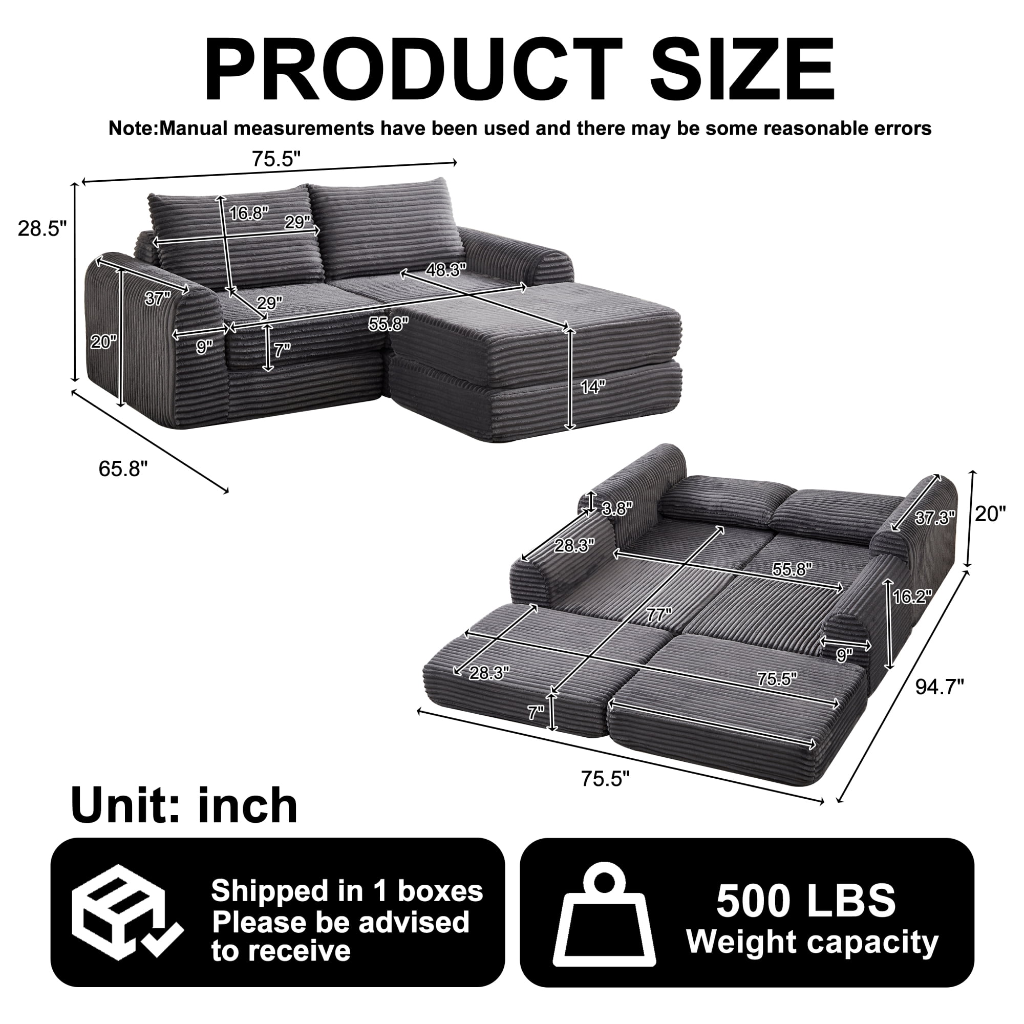 2-in-1 Corduroy Convertible Sleeper Sofa Bed with with Two Throw Pillows & Curved Lines for Living Room,Easy Assembly,Grey